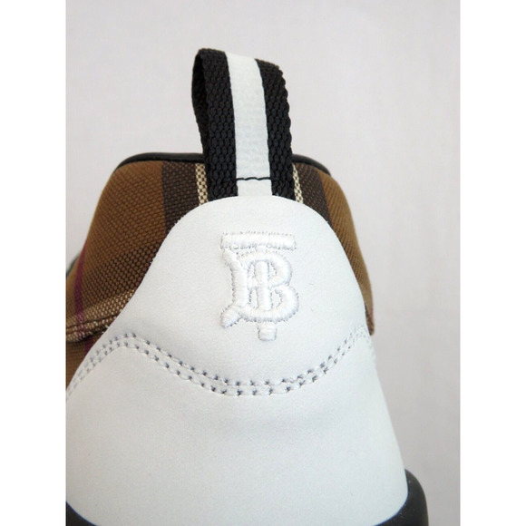 $870 BURBERRY SEAN BROWN CHECK CANVAS WHITE BLACK LEATHER SNEAKERS 41.5 US 8.5 - Picture 6 of 14